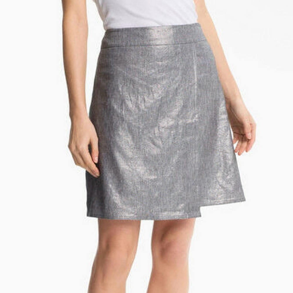 EILEEN FISHER Metallic Linen Faux-Wrap Skirt Silver Gray Women’s Size Large